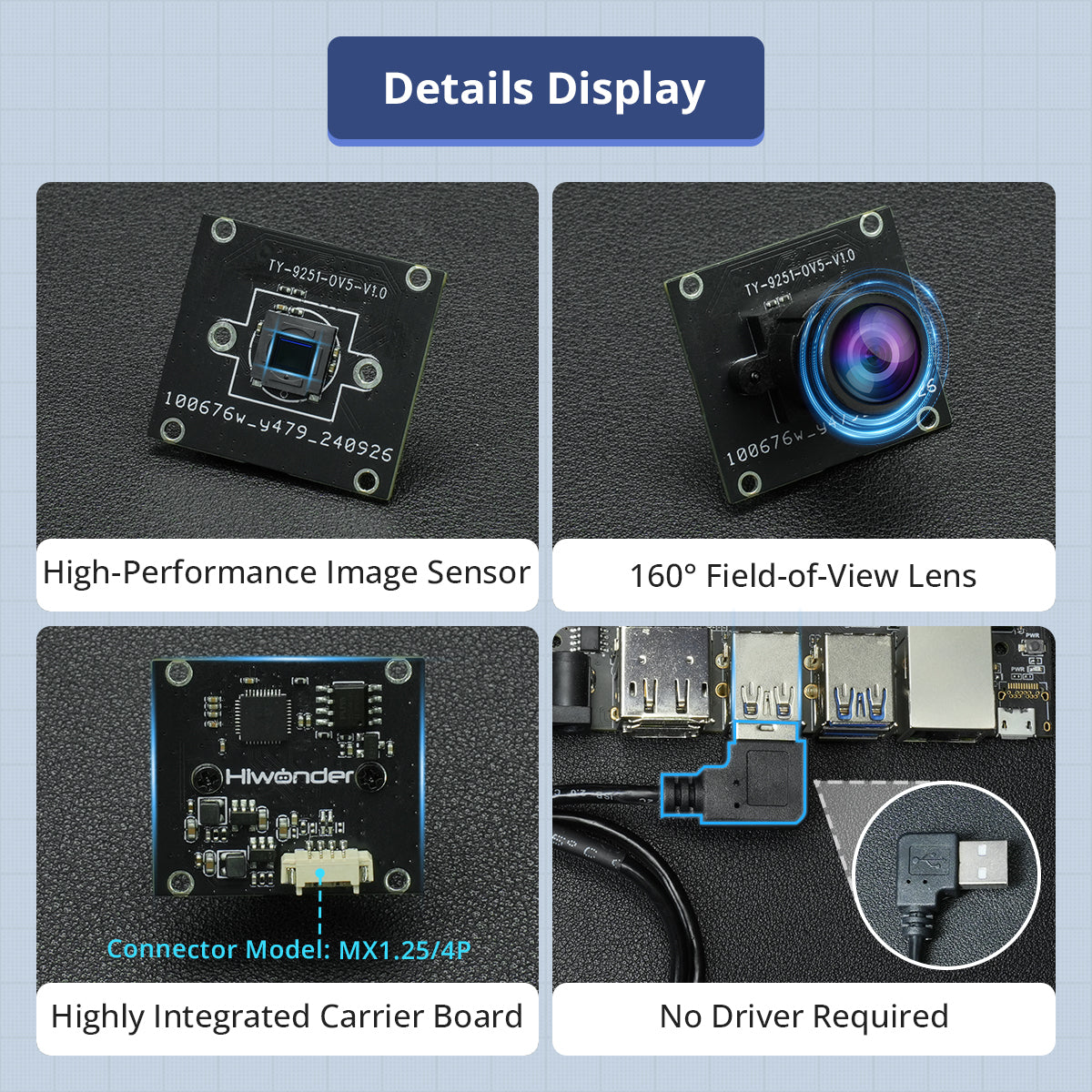 5-Megapixel USB Wide-Angle Camera, 160° FOV, Driver-Free, Compatible with ROS Robots, Raspberry Pi and Jetson Controllers 5-Megapixel USB Wide-Angle Camera, 160° FOV, Driver-Free, Compatible with ROS Robots, Raspberry Pi and Jetson Controllers